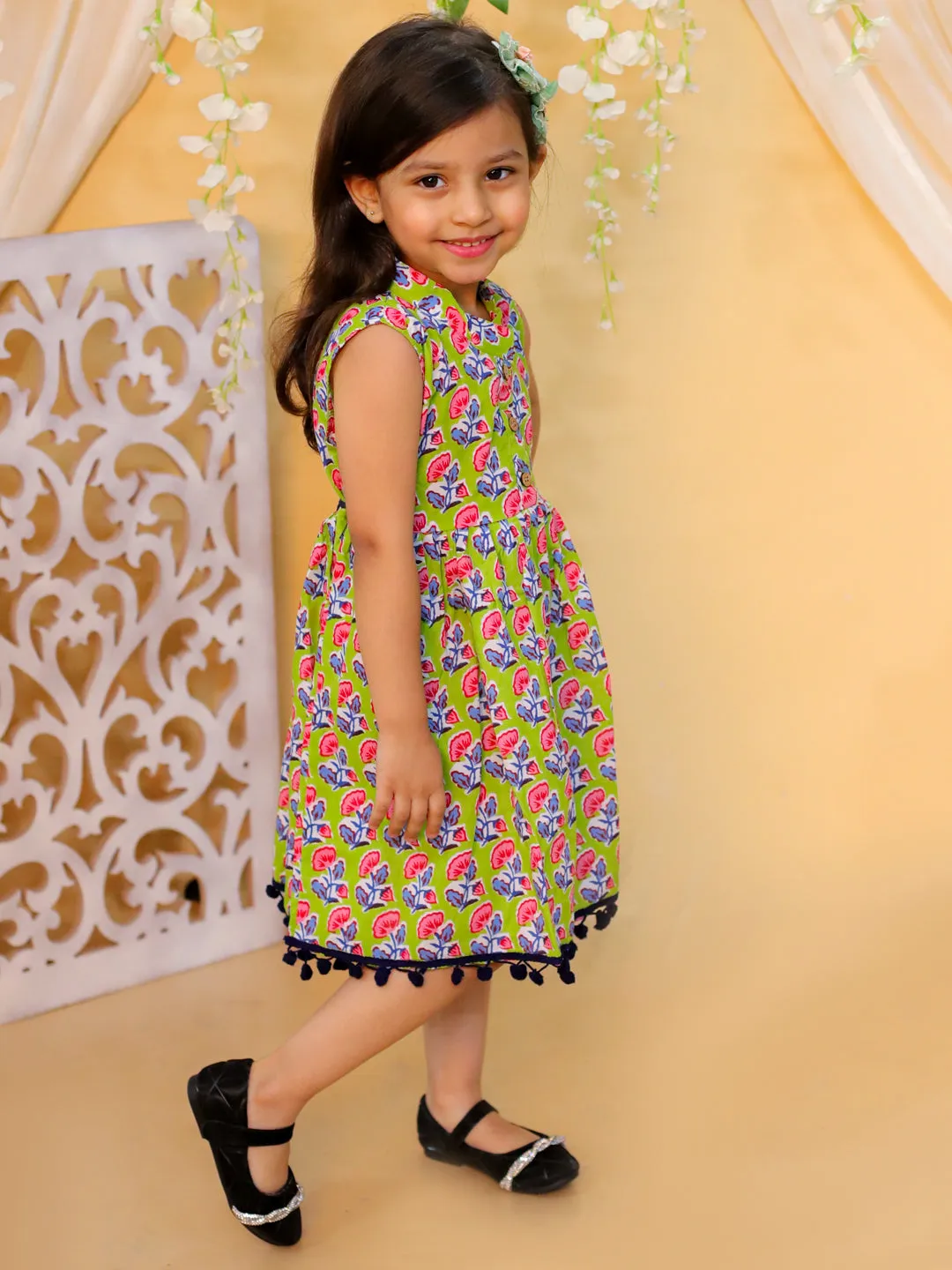 Girls Kids Wear Pure Cotton Printed Causal Frock-Green