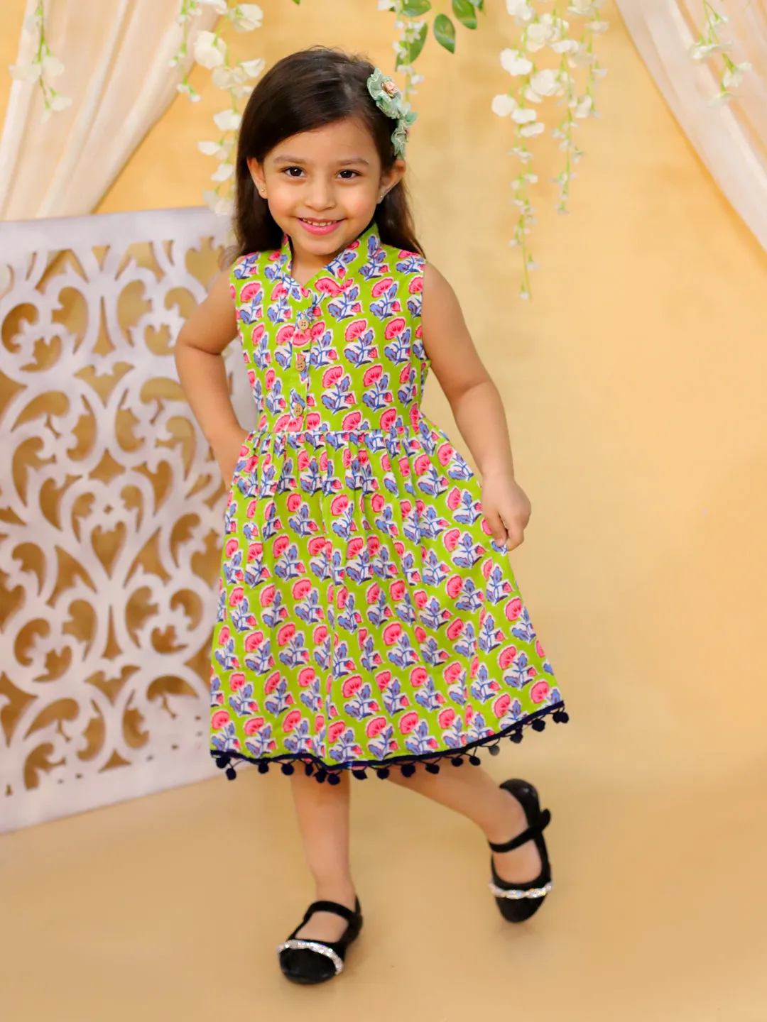 Girls Kids Wear Pure Cotton Printed Causal Frock-Green