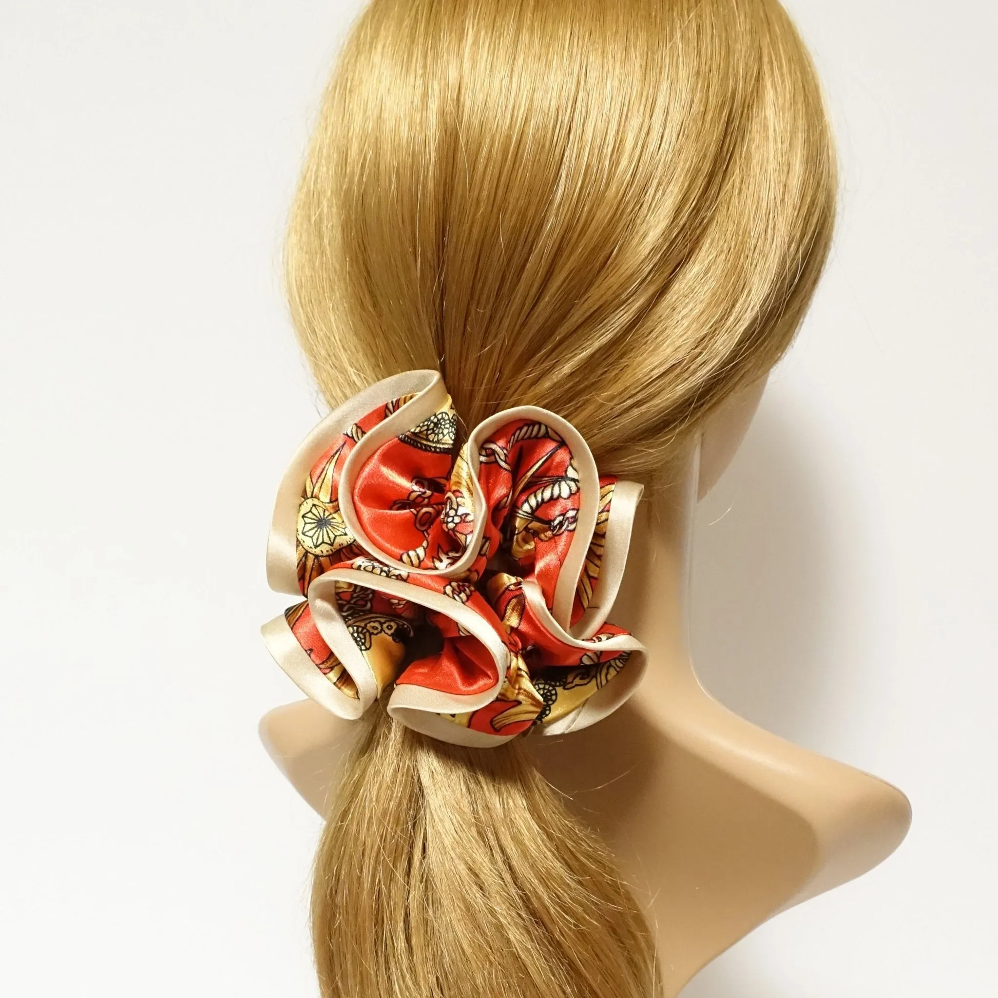 Glossy Satin Fabric Baroque Print Hair Scrunchies Korea Hair Accessory