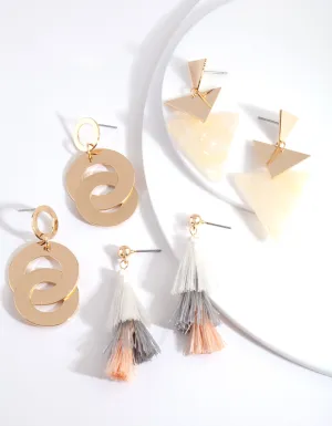 Gold Triple Tassel Drop Ear Pack