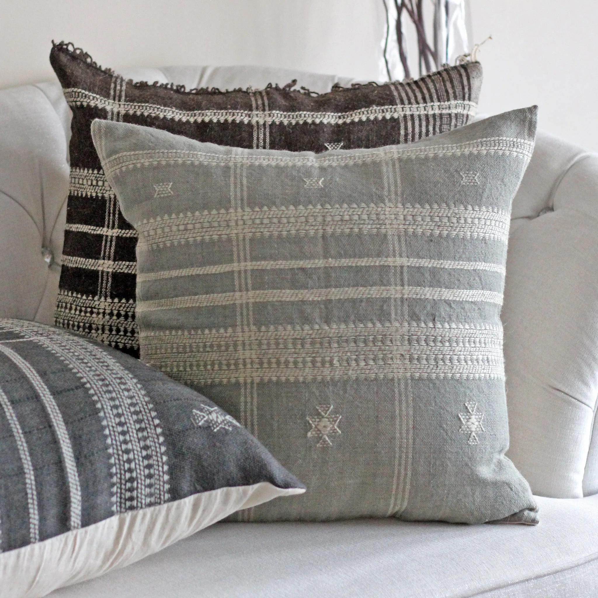 Handwoven Bhujodi Wool & Cotton Cushion Cover - Vintage Rustic Pillow | Gray-Blue, 20x20"