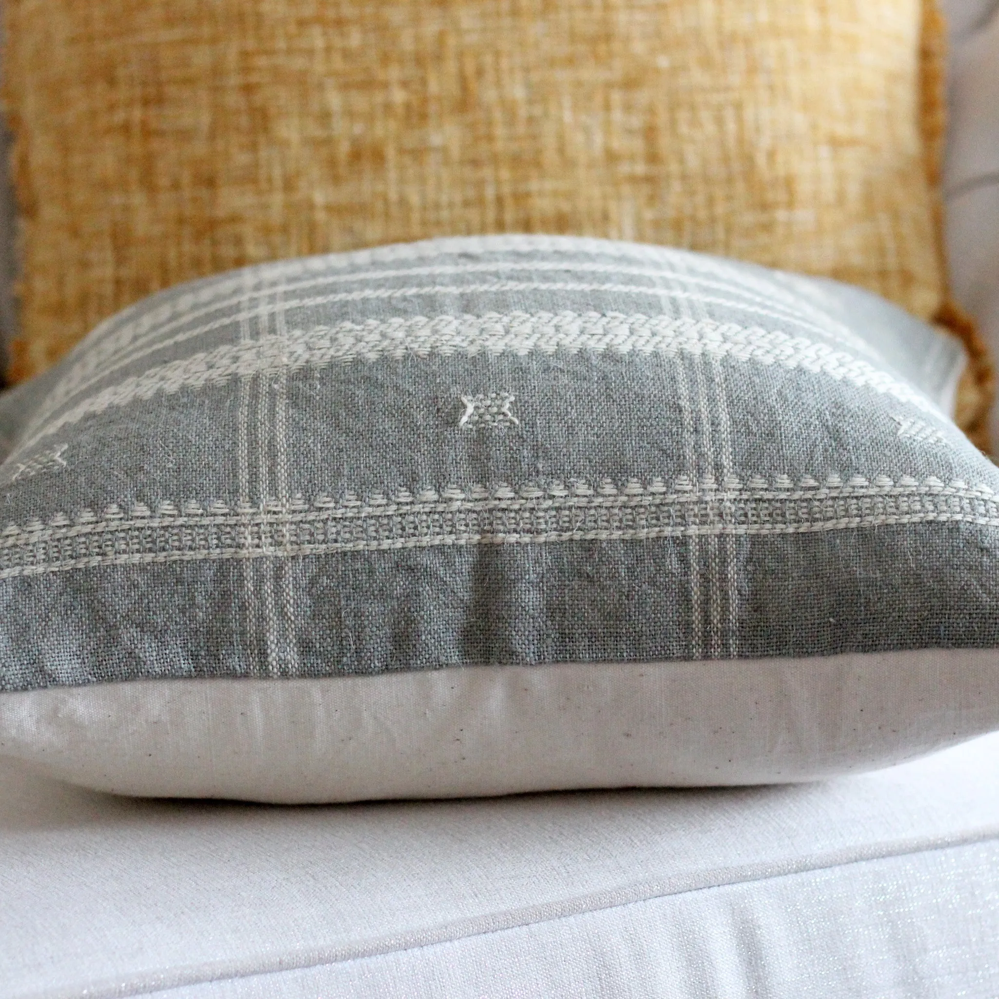 Handwoven Bhujodi Wool & Cotton Cushion Cover - Vintage Rustic Pillow | Gray-Blue, 20x20"