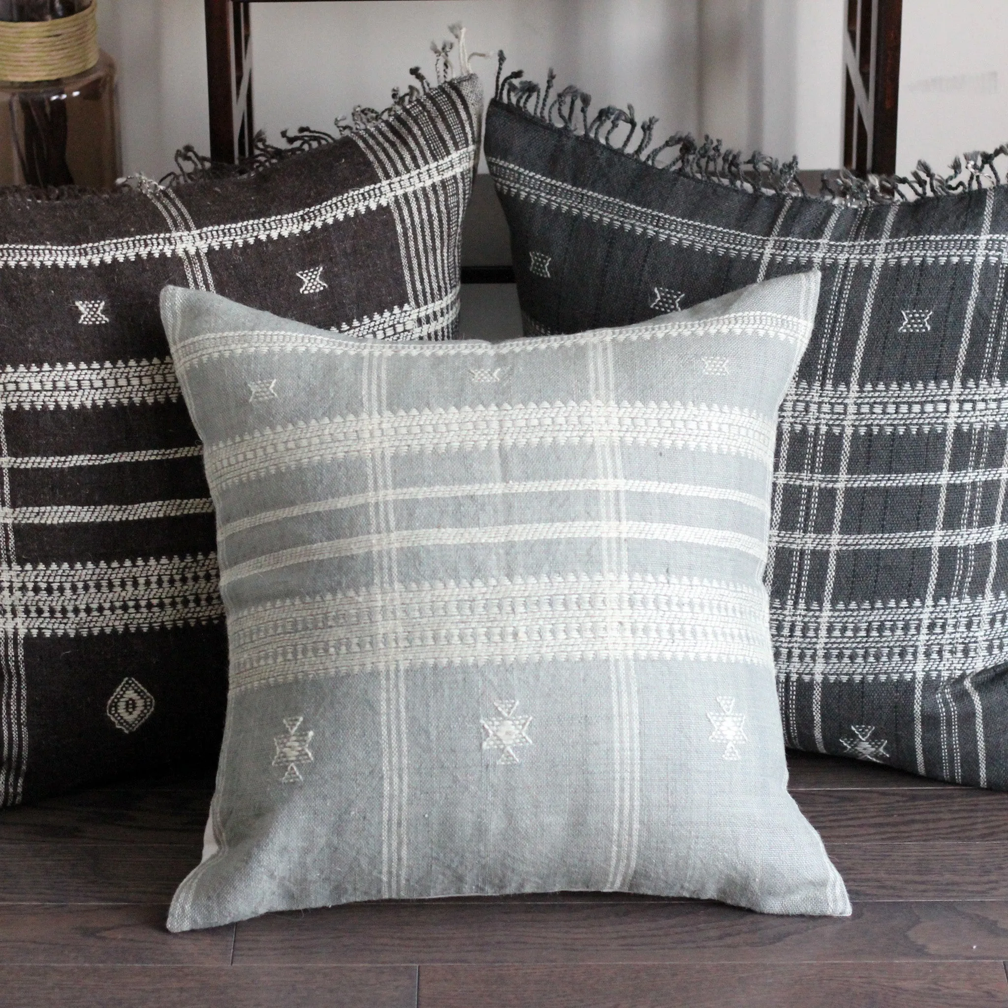 Handwoven Bhujodi Wool & Cotton Cushion Cover - Vintage Rustic Pillow | Gray-Blue, 20x20"