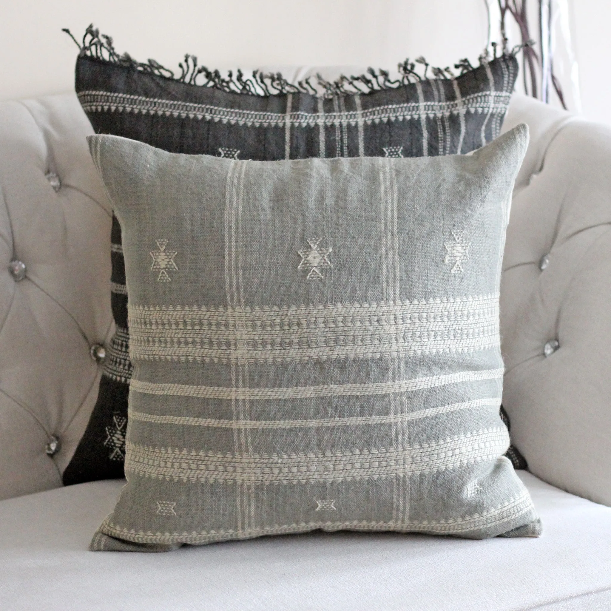 Handwoven Bhujodi Wool & Cotton Cushion Cover - Vintage Rustic Pillow | Gray-Blue, 20x20"