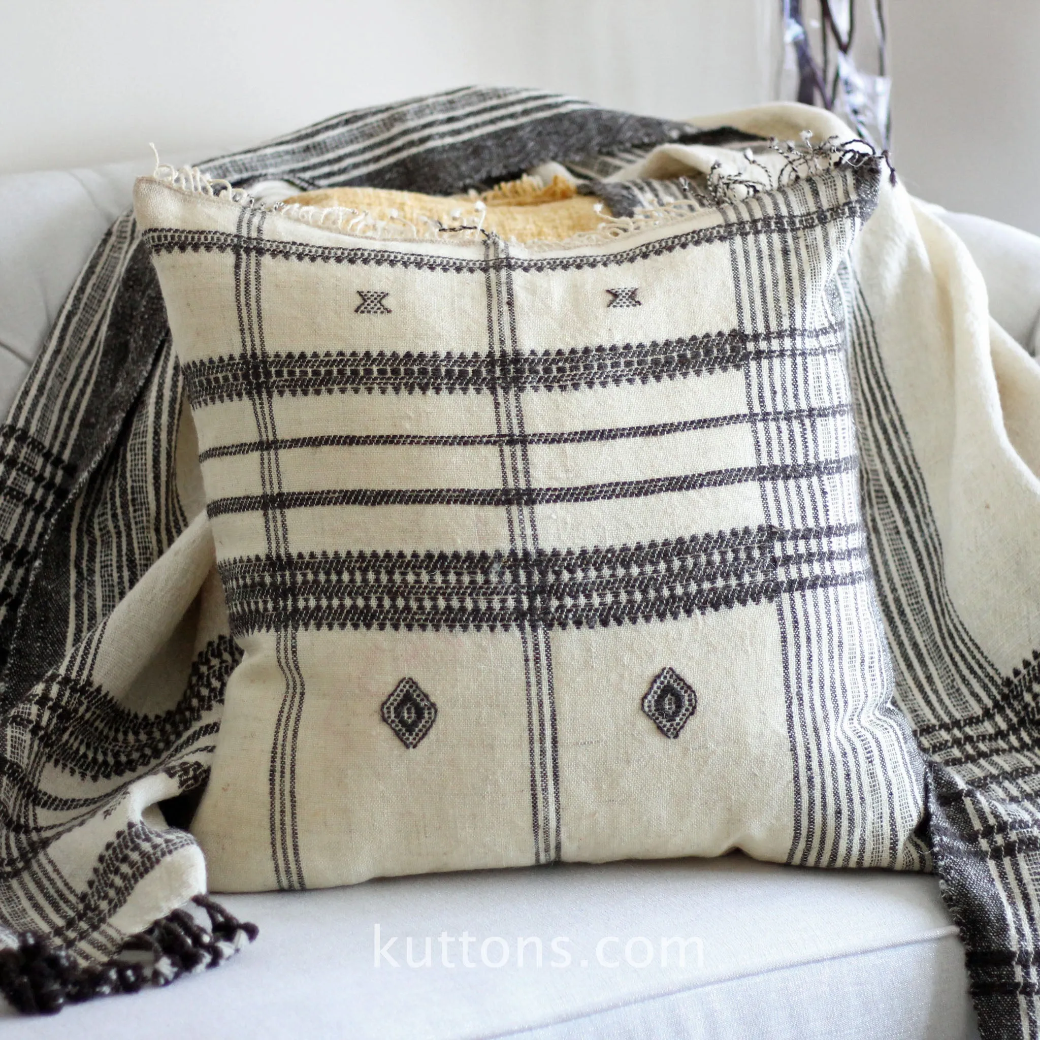 Handwoven Organic Wool Cotton Cushion Cover with Tassels - Throw Pillow | Cream-Brown, 22x22"