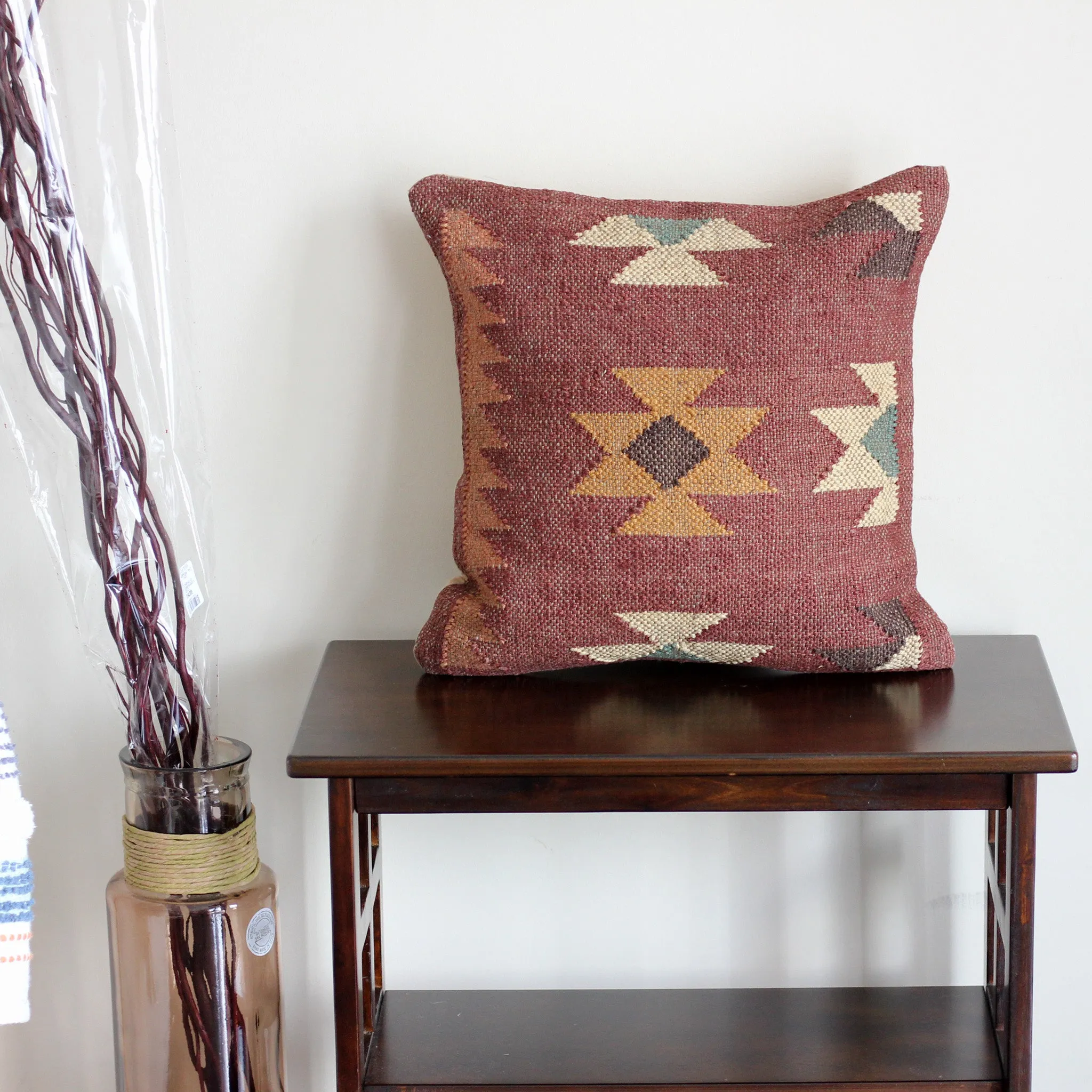 Handwoven Rustic Kilim Throw Pillow Cover - Jute Bohemian Kilim Cushion | Brown, 18x18"