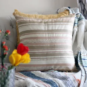 Handwoven Silk Textured Stripe Pillow Cushion Cover - Coconut Shell Button | Cream-Golden Brown, 21x21"