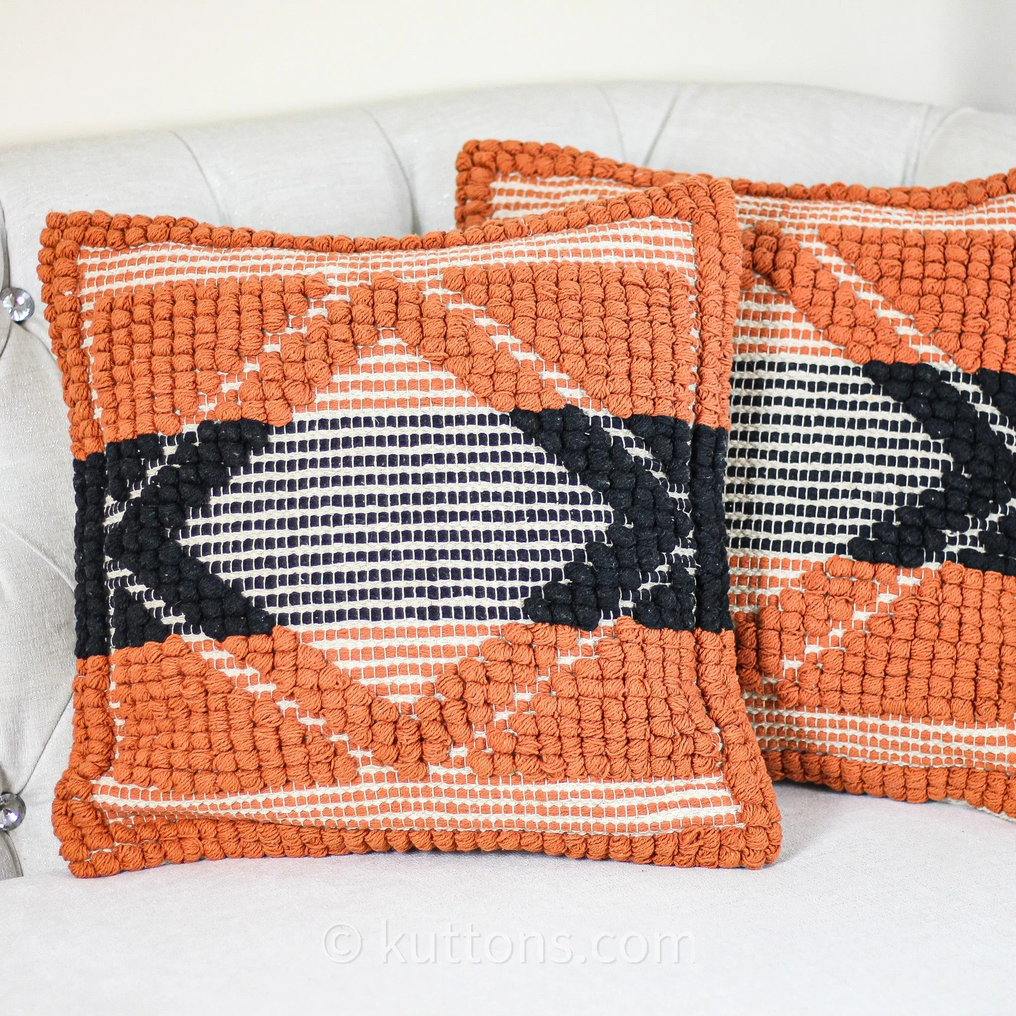 Handwoven Textured Cotton Pillow Cover | Coral-Black, 18x18" Square (Set of 2)