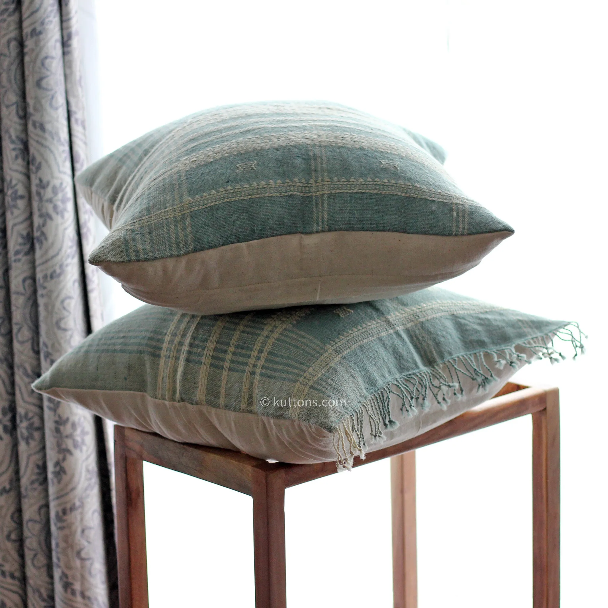 Handwoven Wool Cushion Cover Set - Bhujodi Vintage Pillows | Aqua Green, (Set of 2), 20x20"