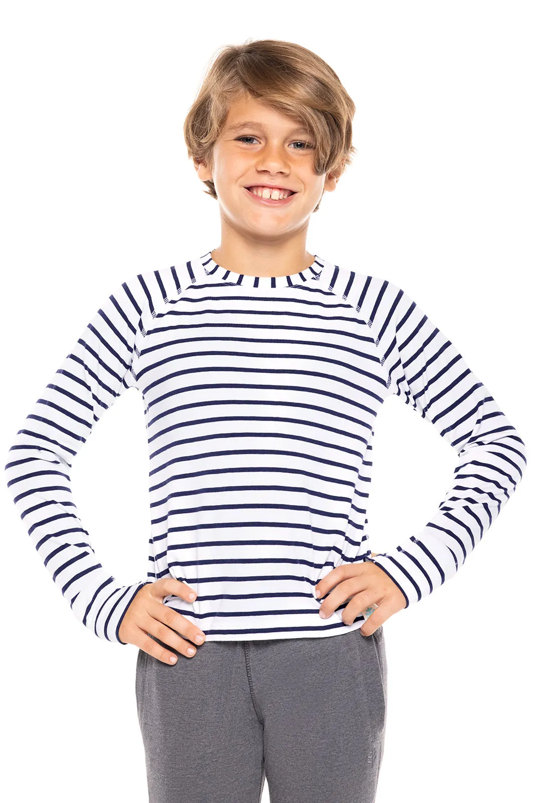 Kid's LumaLeo Long Sleeve T-Shirt  |  White/Navy Stripe