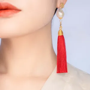 Large Baroque Pearl Red Silk Tassel Earrings