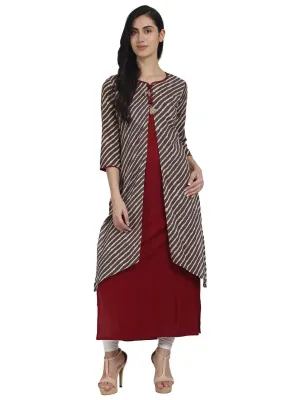 Maroon Cotton Sleeveless Kurta With 3/4Th Sleeve Beige Printed Front Open Kurta