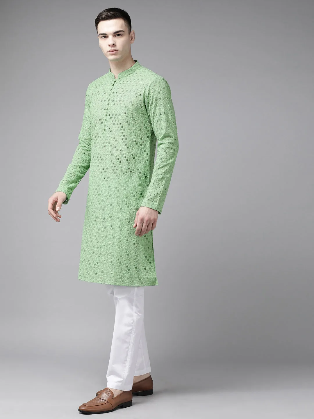 Men Green Pure Cotton Chikankari Embroidered Straight Kurta With Pajama