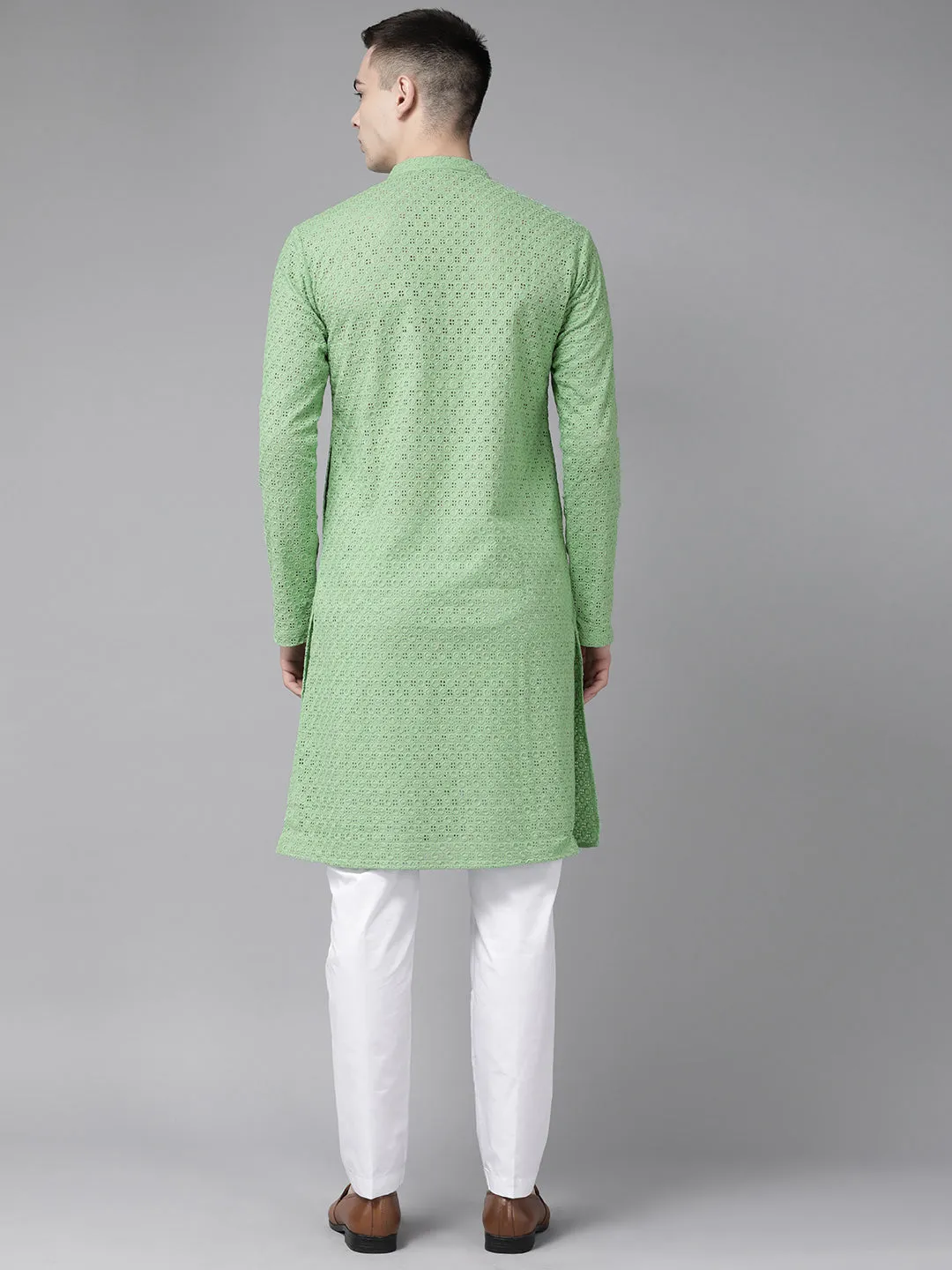 Men Green Pure Cotton Chikankari Embroidered Straight Kurta With Pajama