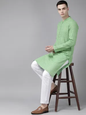 Men Green Pure Cotton Chikankari Embroidered Straight Kurta With Pajama