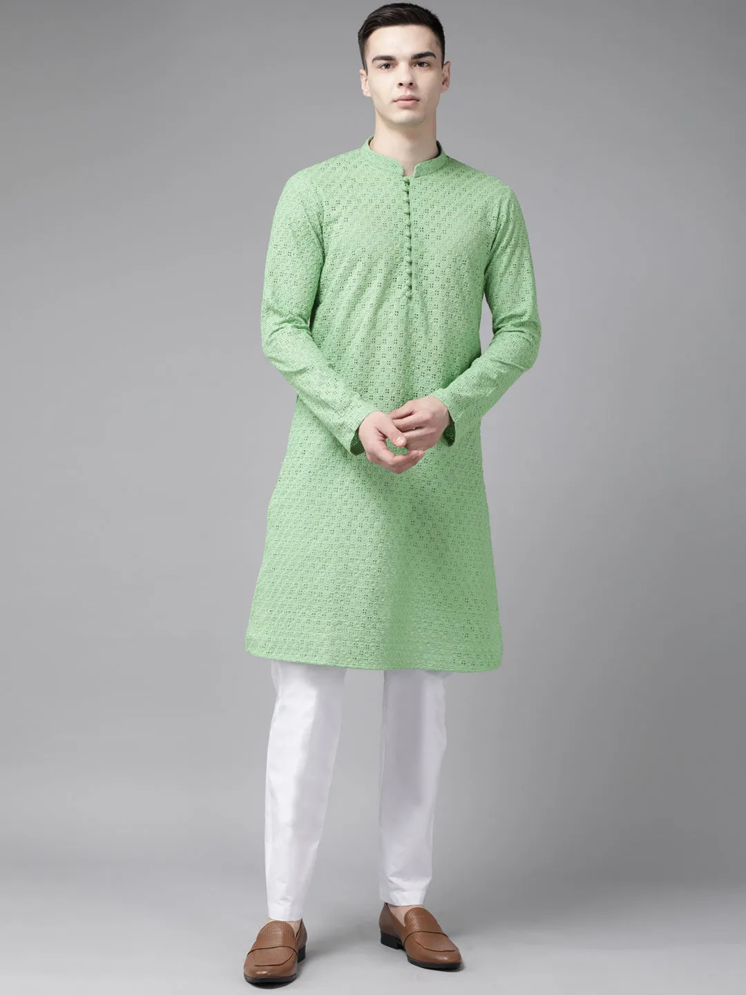 Men Green Pure Cotton Chikankari Embroidered Straight Kurta With Pajama