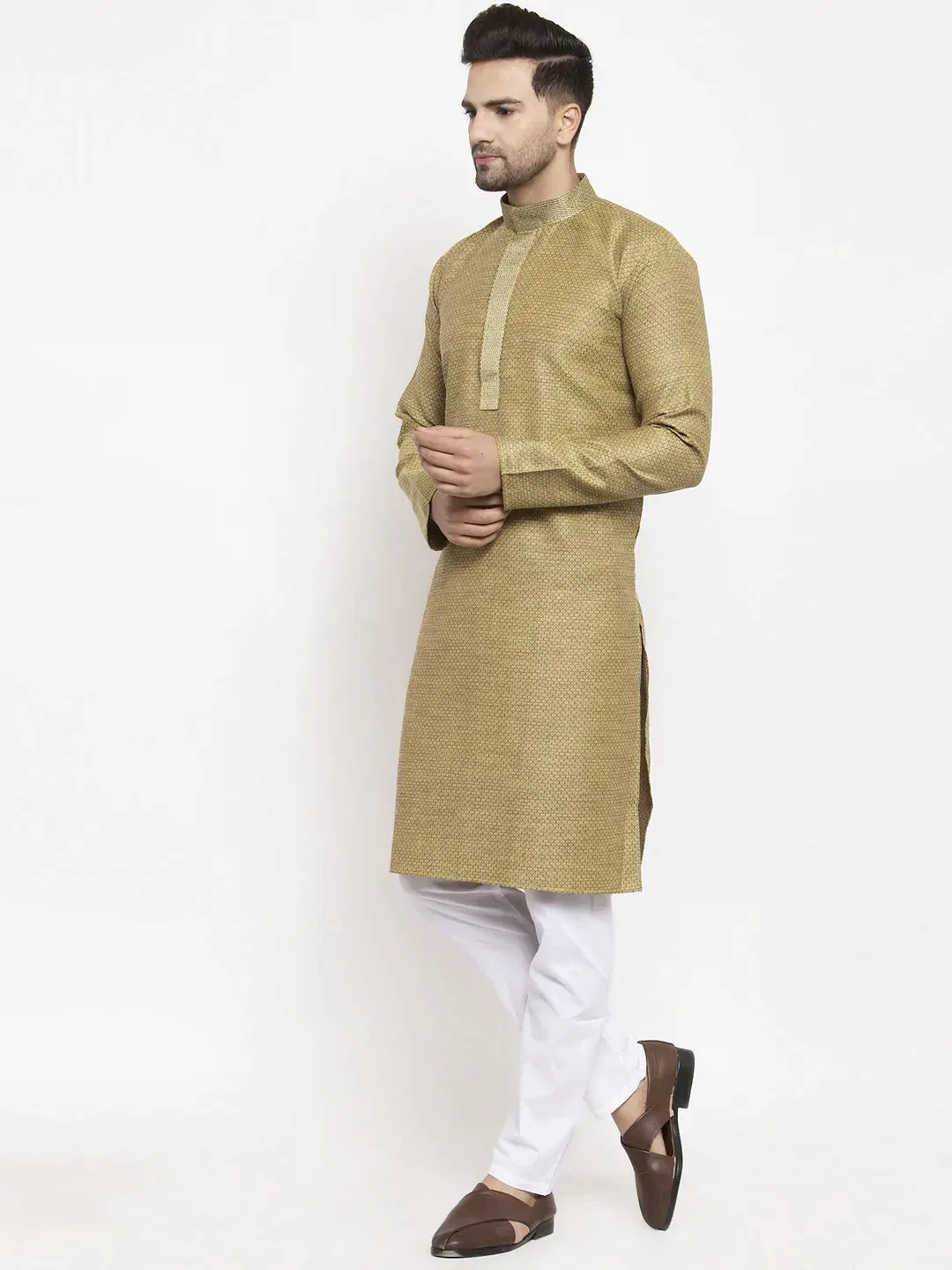 Men Olive Green Embroidered Kurta With Pyjamas