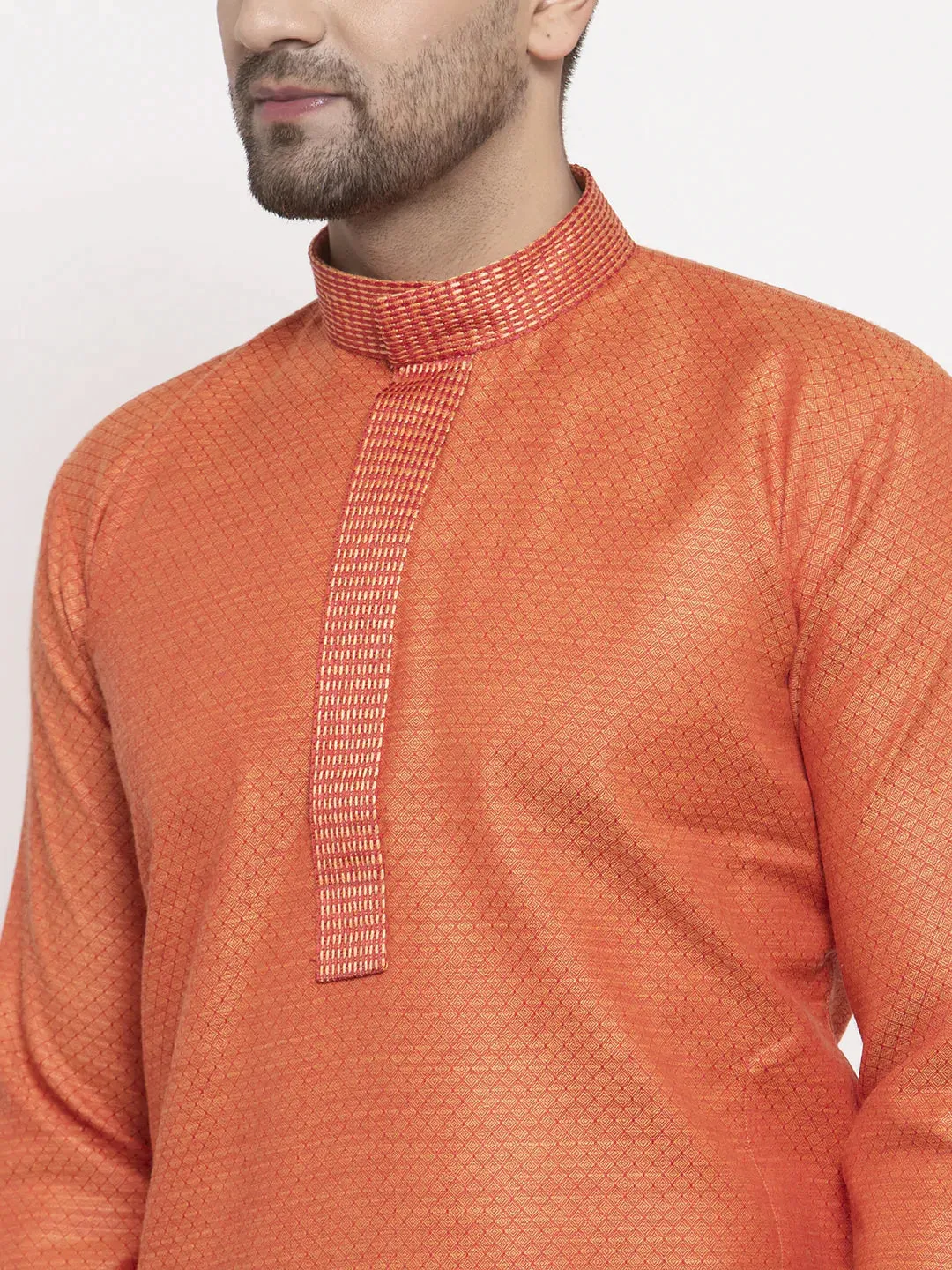 Men Orange Embroidered Kurta With Pyjamas