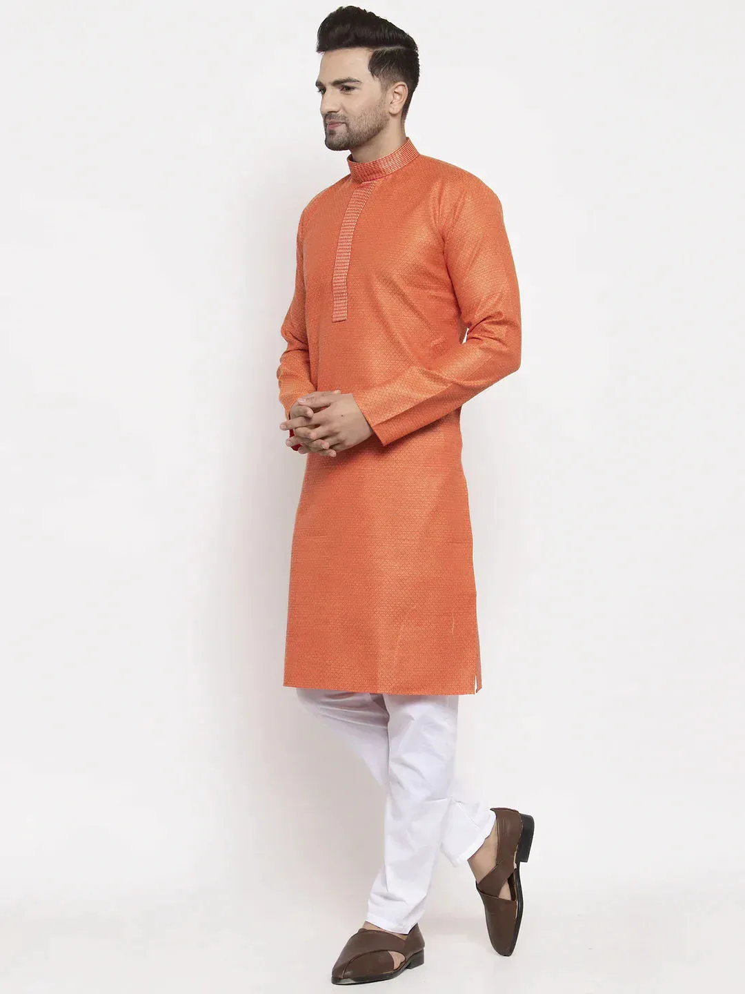 Men Orange Embroidered Kurta With Pyjamas