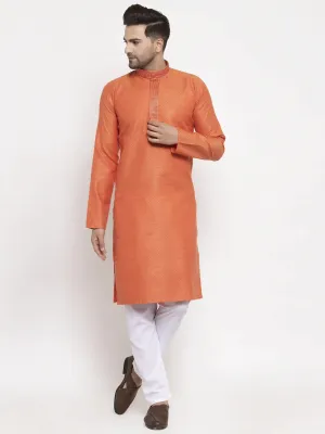 Men Orange Embroidered Kurta With Pyjamas