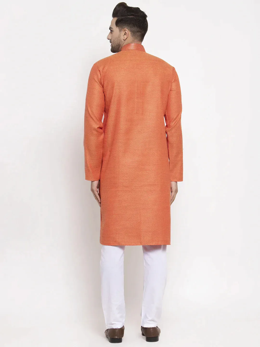 Men Orange Embroidered Kurta With Pyjamas