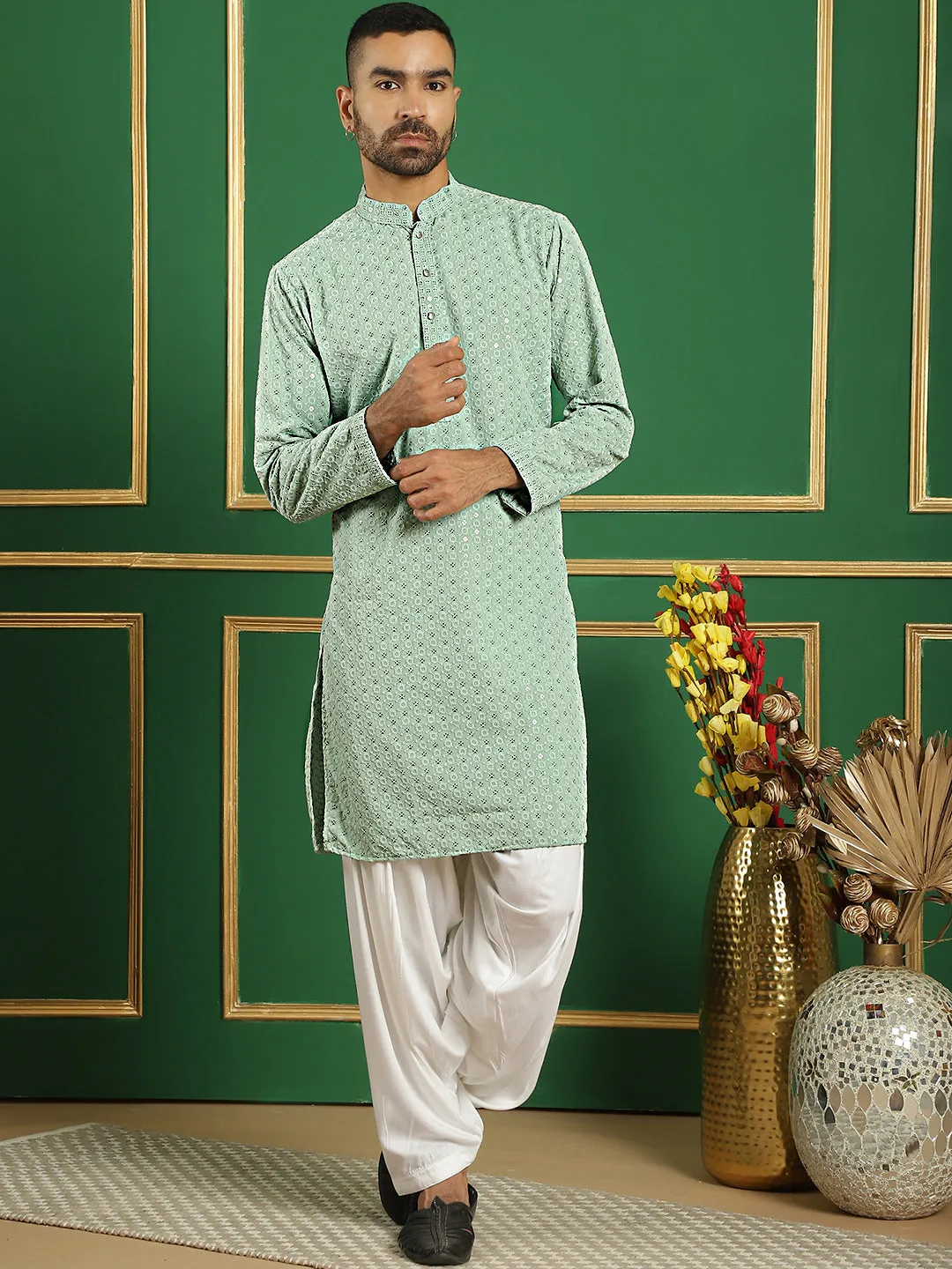 Men Pista Green Embroidered And Sequence Kurta With Salwar