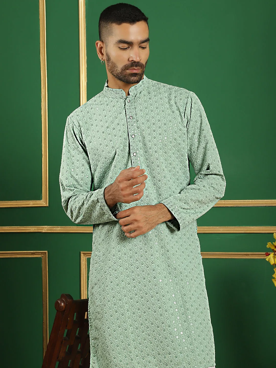 Men Pista Green Embroidered And Sequence Kurta With Salwar