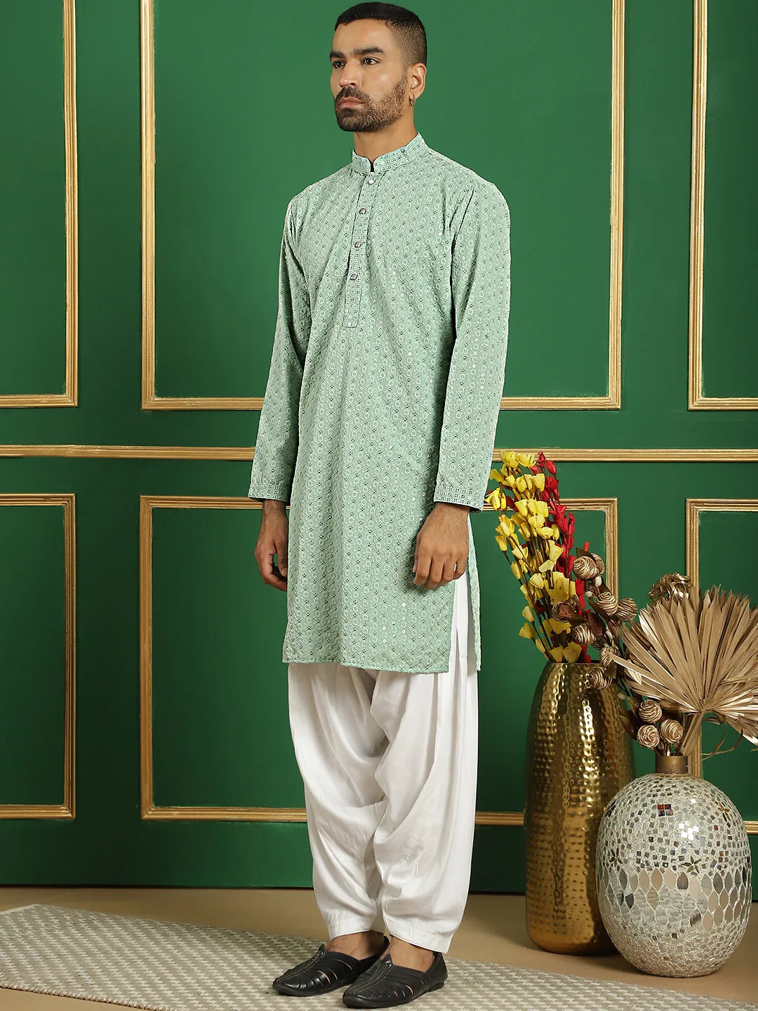 Men Pista Green Embroidered And Sequence Kurta With Salwar