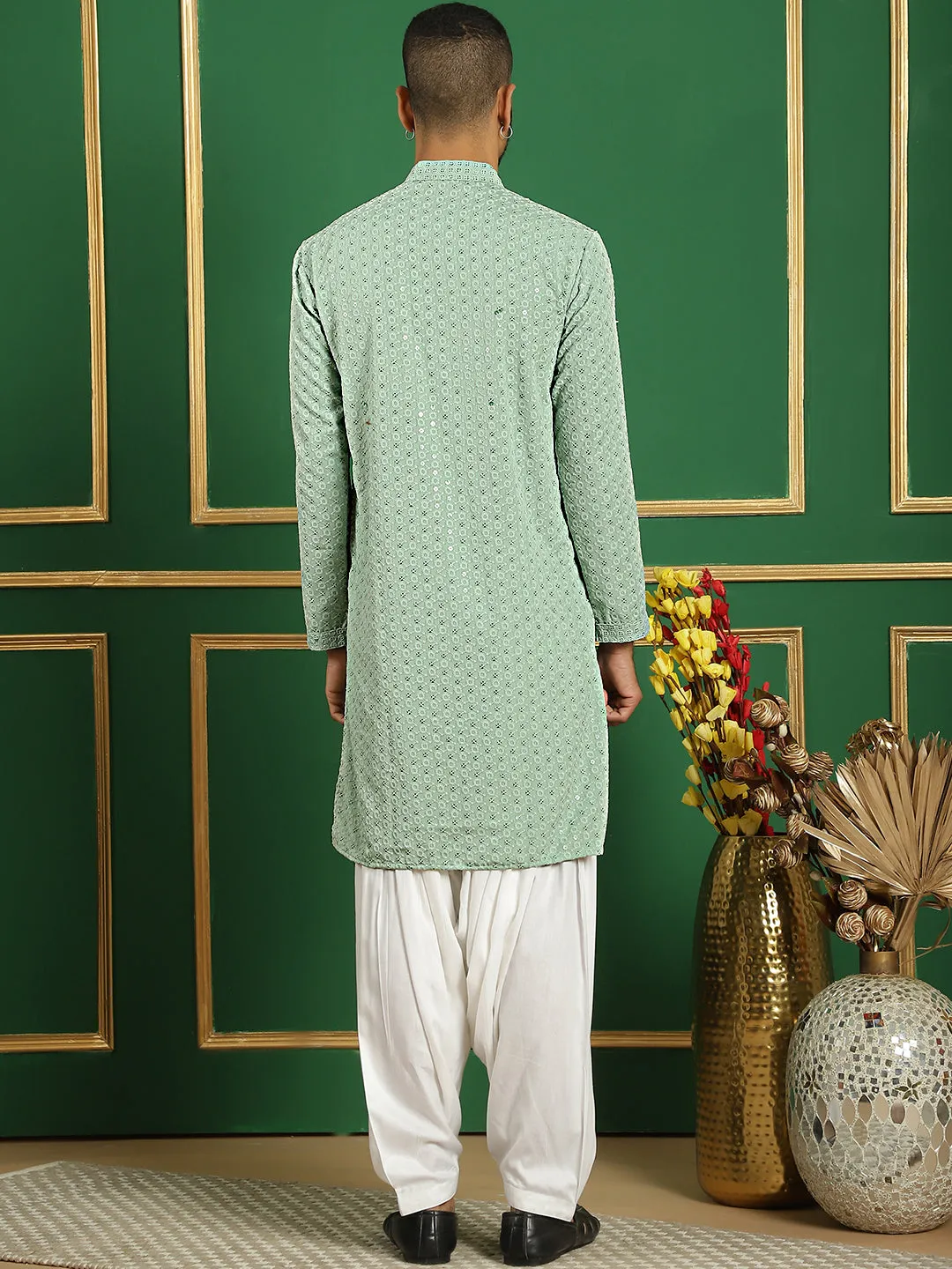 Men Pista Green Embroidered And Sequence Kurta With Salwar