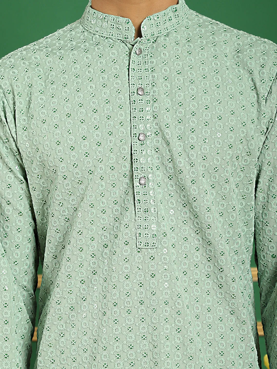 Men Pista Green Embroidered And Sequence Kurta With Salwar