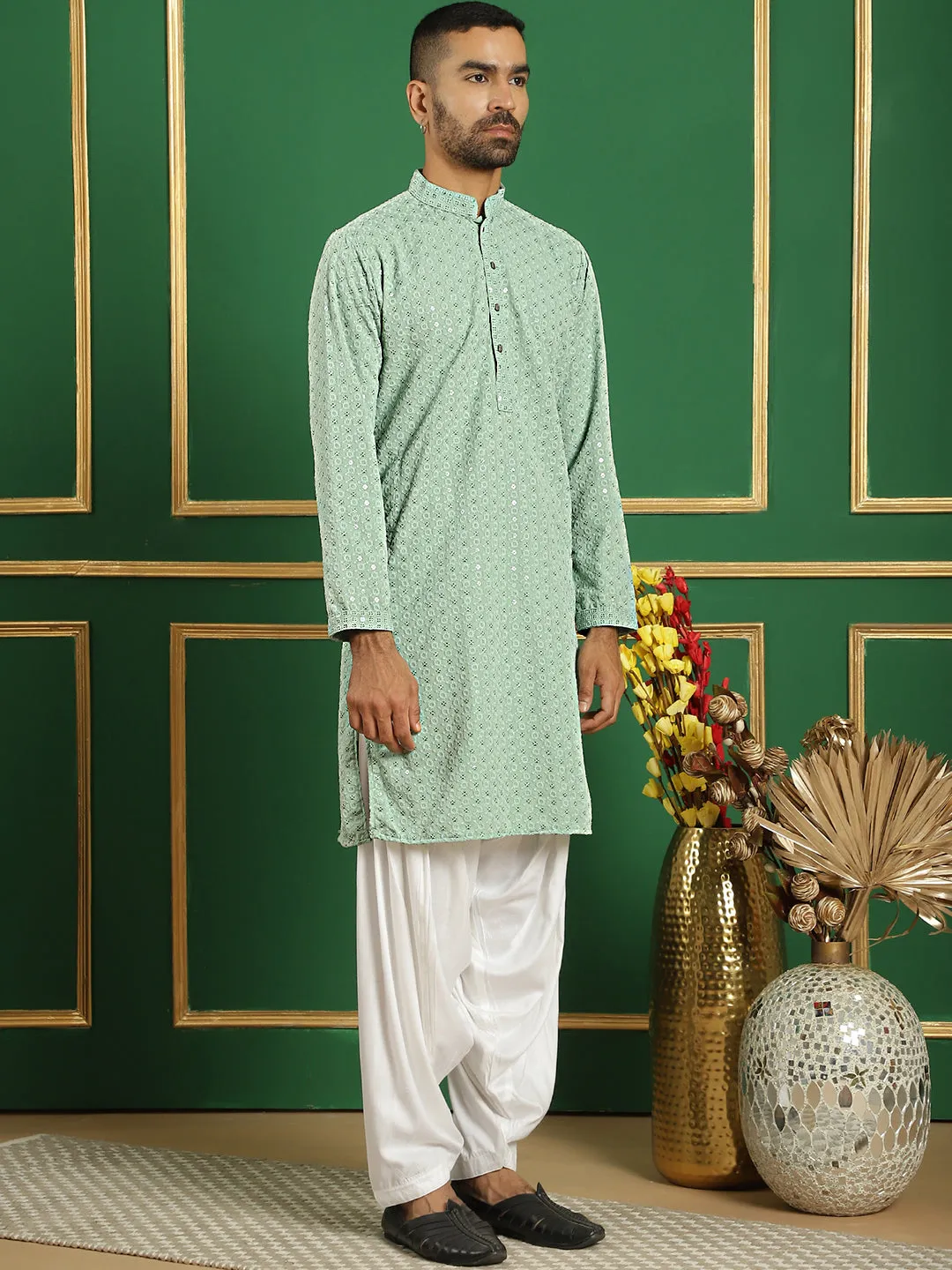 Men Pista Green Embroidered And Sequence Kurta With Salwar