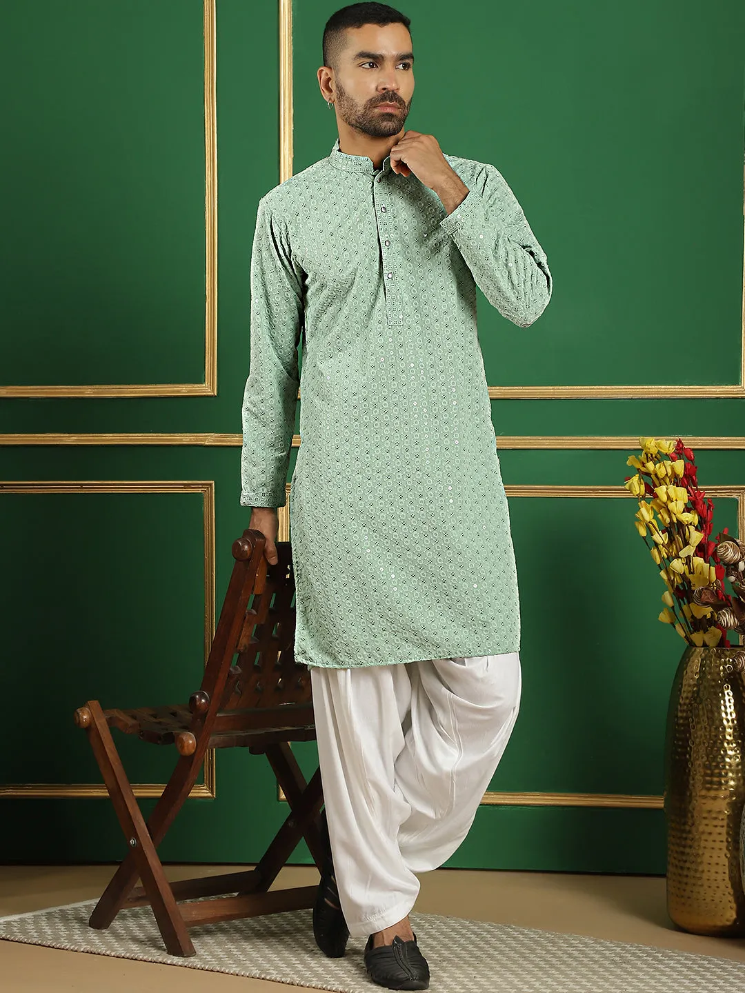 Men Pista Green Embroidered And Sequence Kurta With Salwar