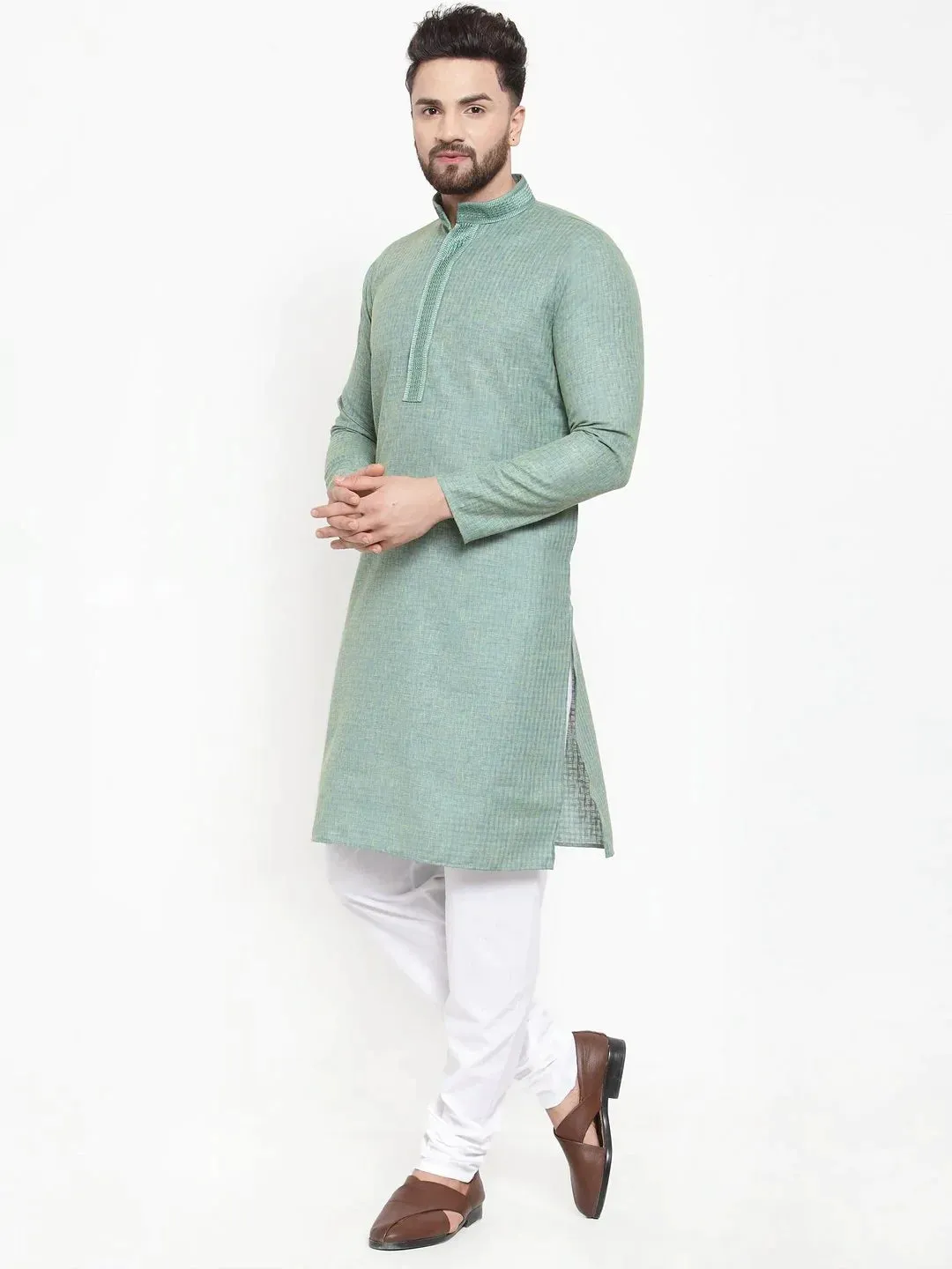 Men Sea Green & White Embroidered Kurta With Churidar