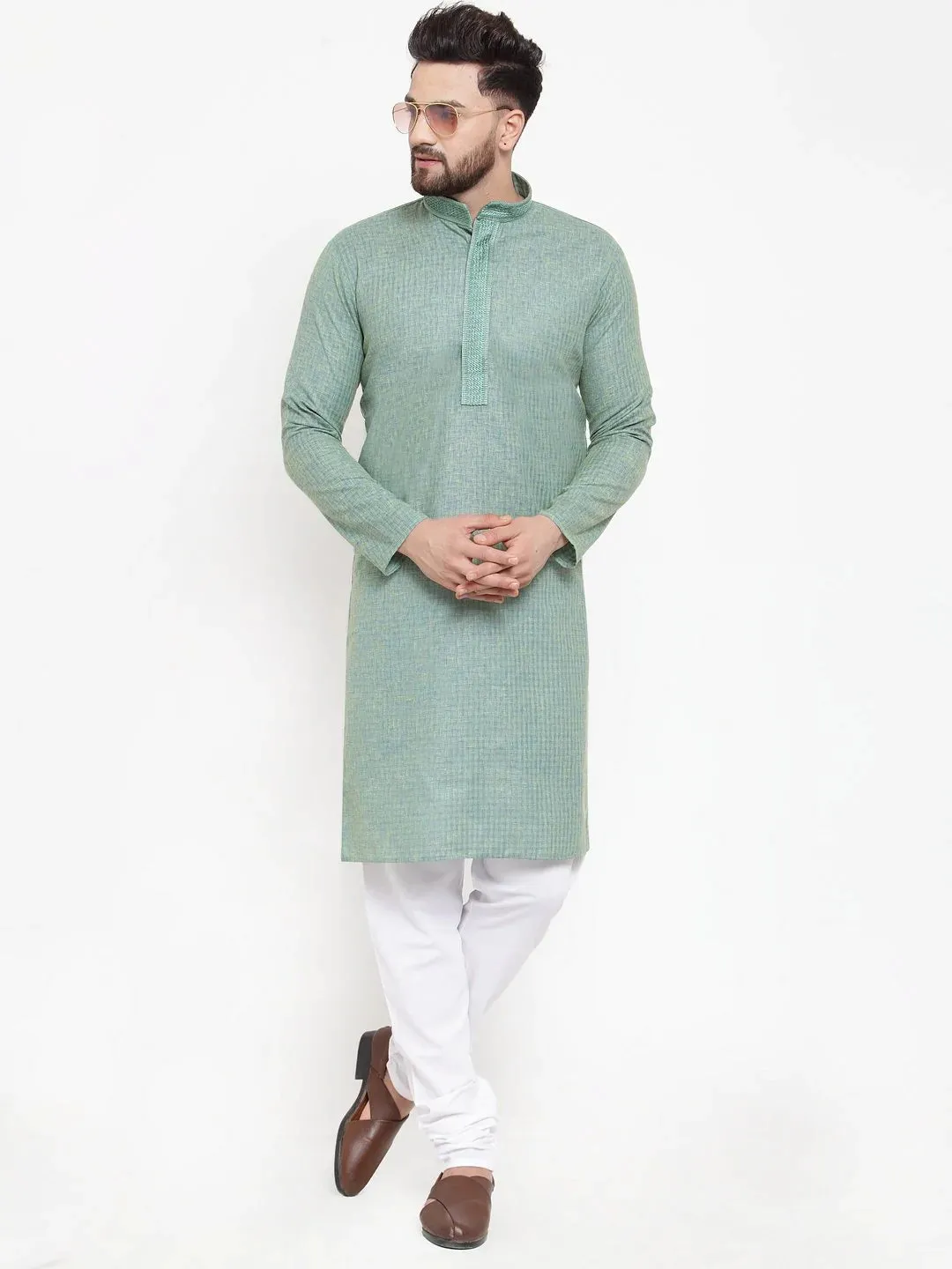 Men Sea Green & White Embroidered Kurta With Churidar