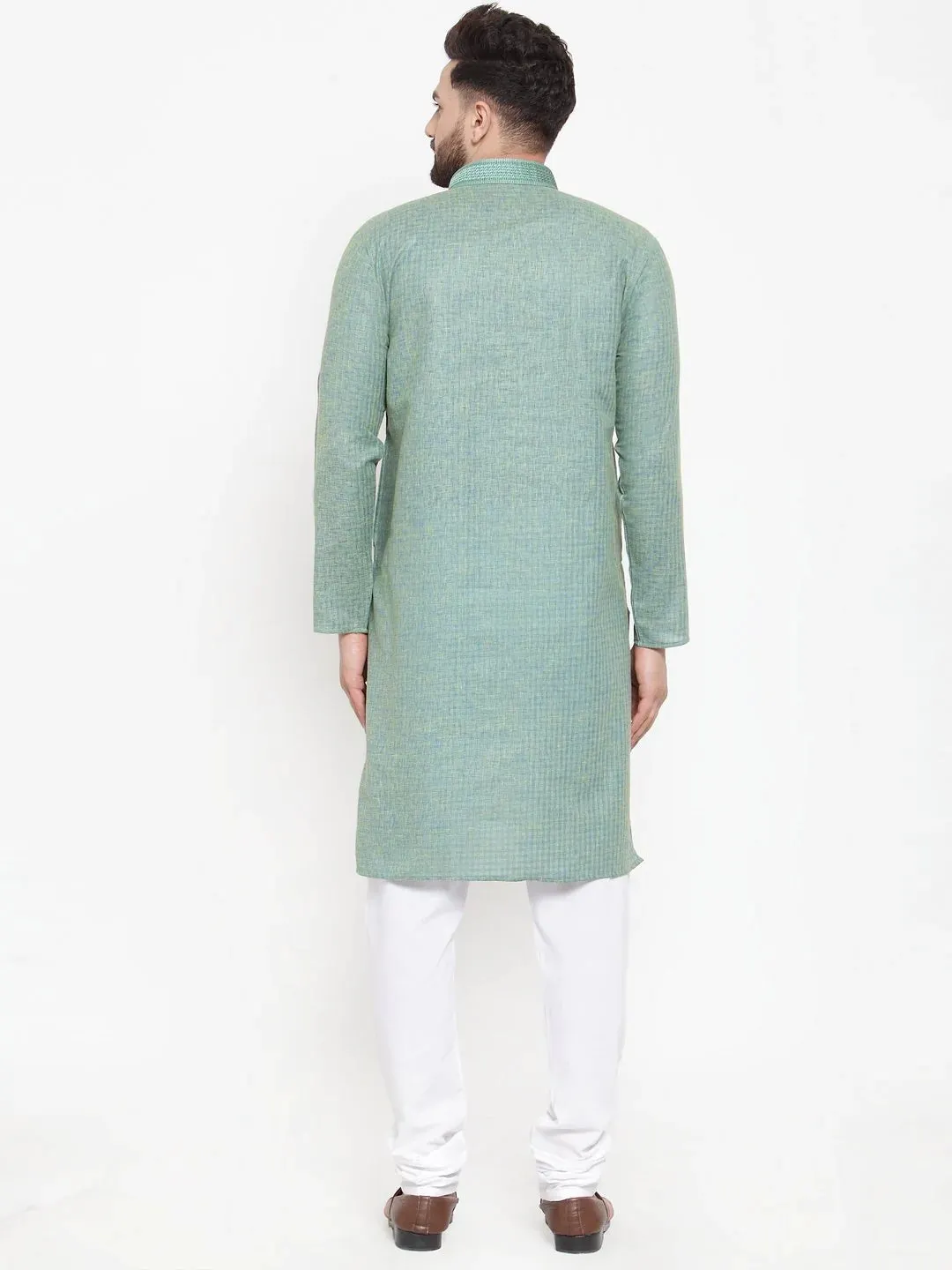 Men Sea Green & White Embroidered Kurta With Churidar