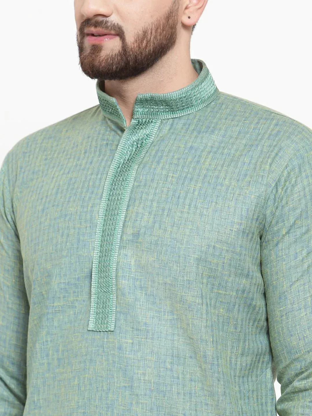 Men Sea Green & White Embroidered Kurta With Churidar