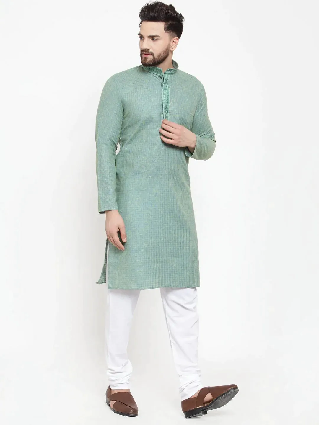 Men Sea Green & White Embroidered Kurta With Churidar