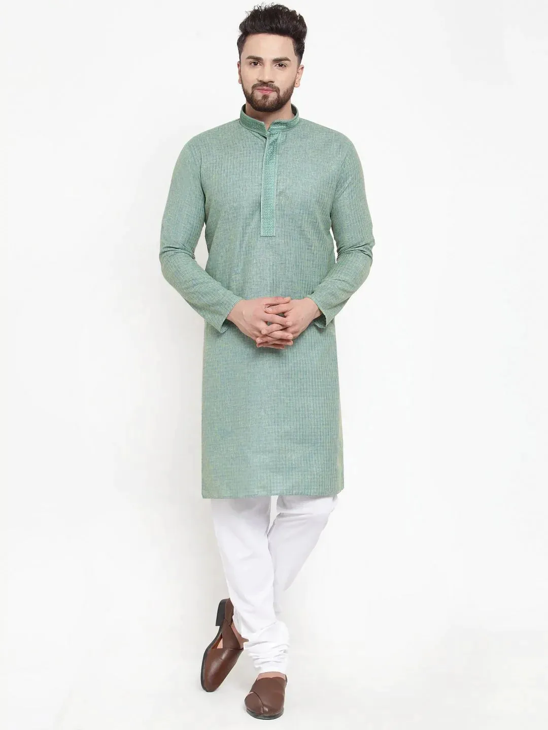 Men Sea Green & White Embroidered Kurta With Churidar