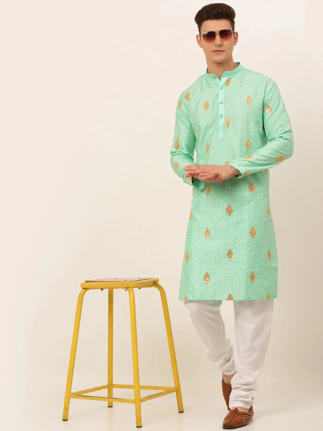 Men Sky Blue Embroidered Sequinned Kurta Only