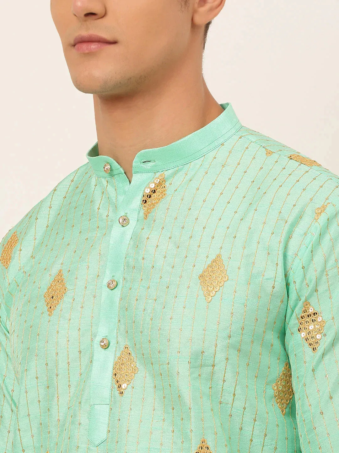 Men Sky Blue Embroidered Sequinned Kurta Only