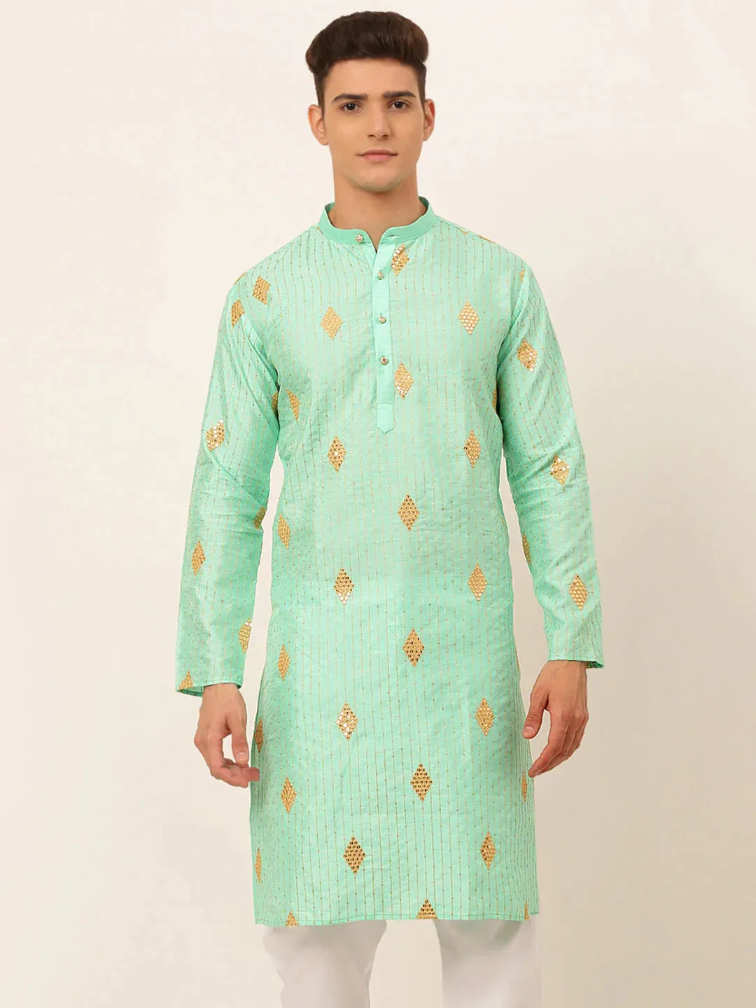 Men Sky Blue Embroidered Sequinned Kurta Only