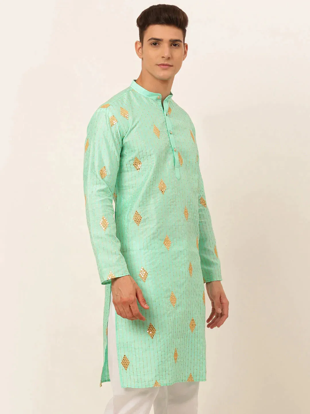 Men Sky Blue Embroidered Sequinned Kurta Only