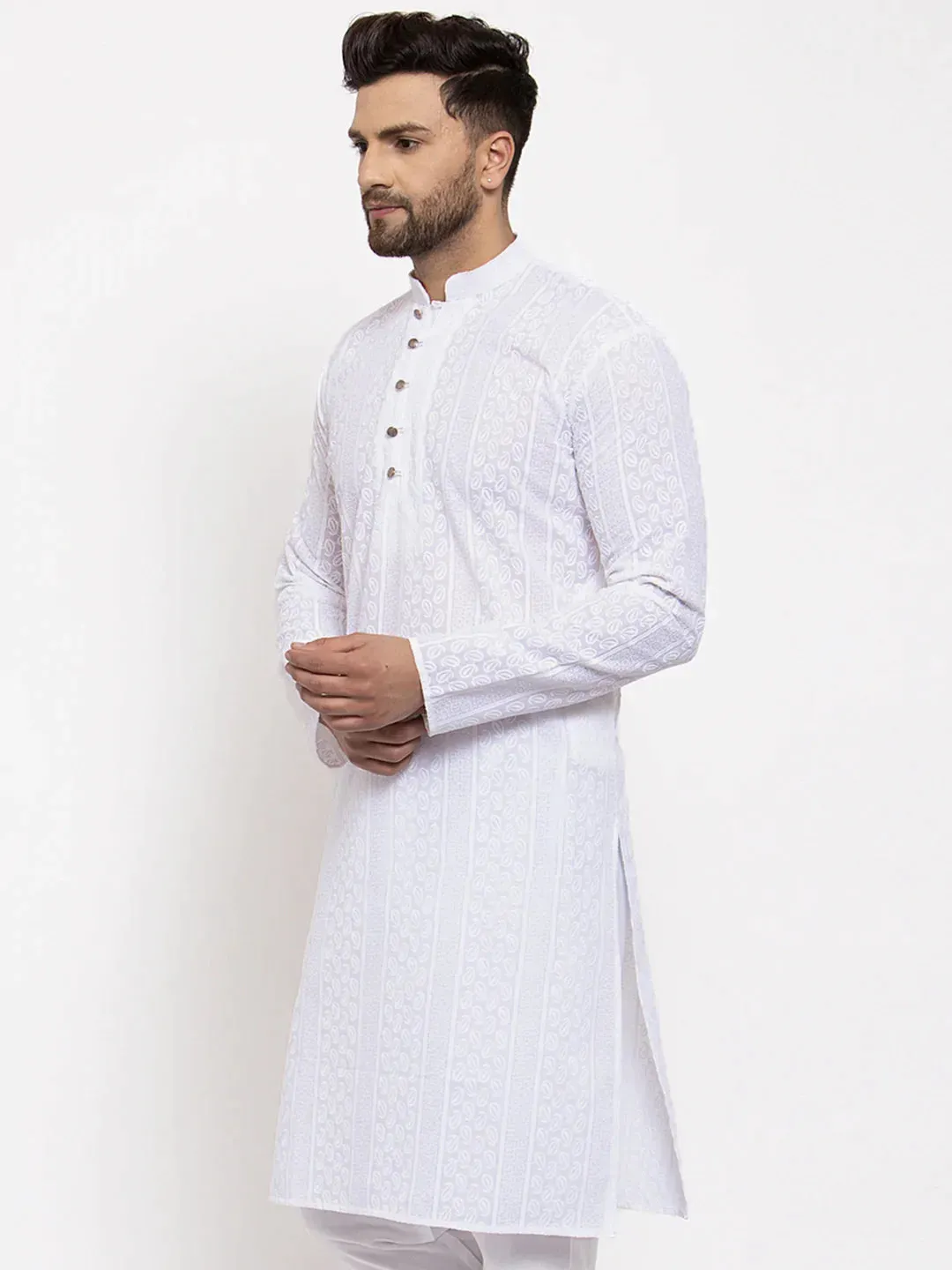 Men White Embroidered Kurta Only