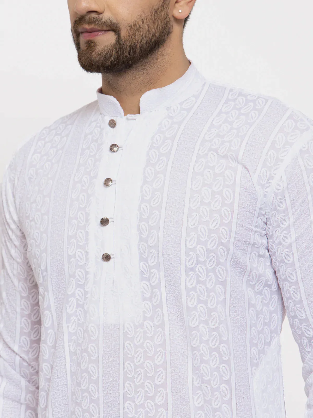 Men White Embroidered Kurta Only