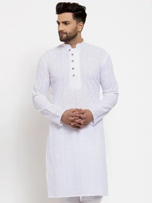 Men White Embroidered Kurta Only