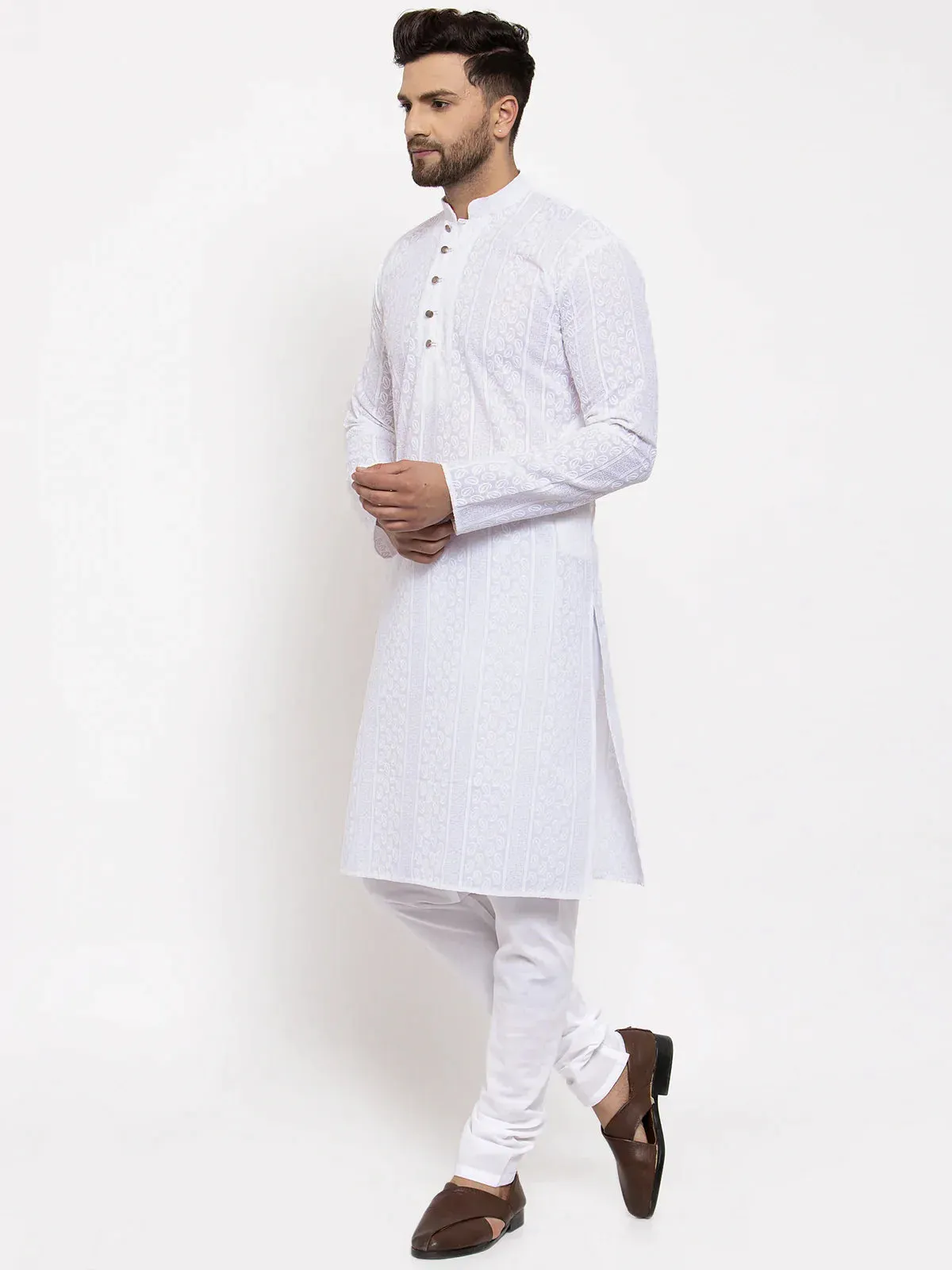 Men White Embroidered Kurta Only