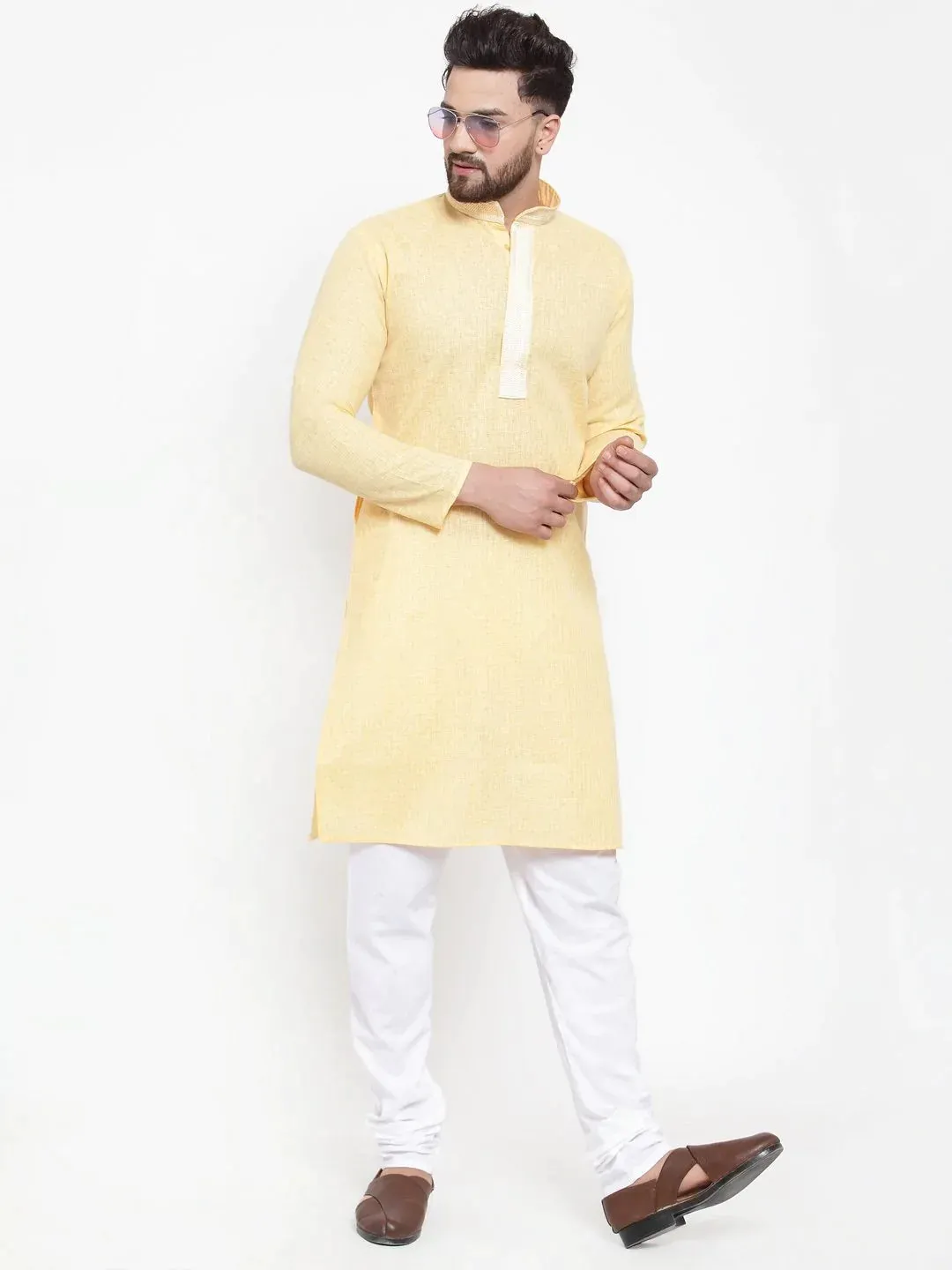 Men Yellow & White Embroidered Kurta Only