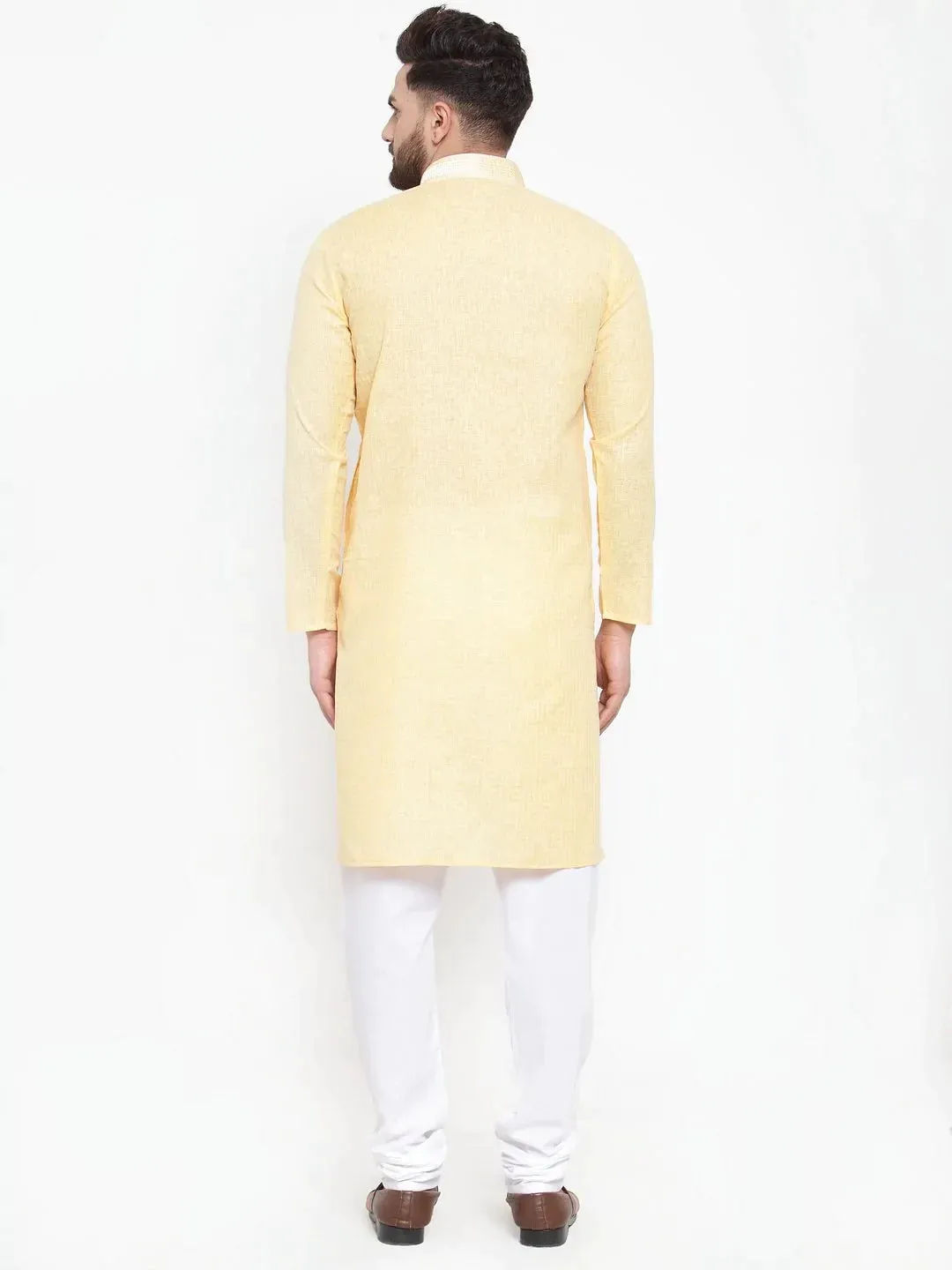 Men Yellow & White Embroidered Kurta Only