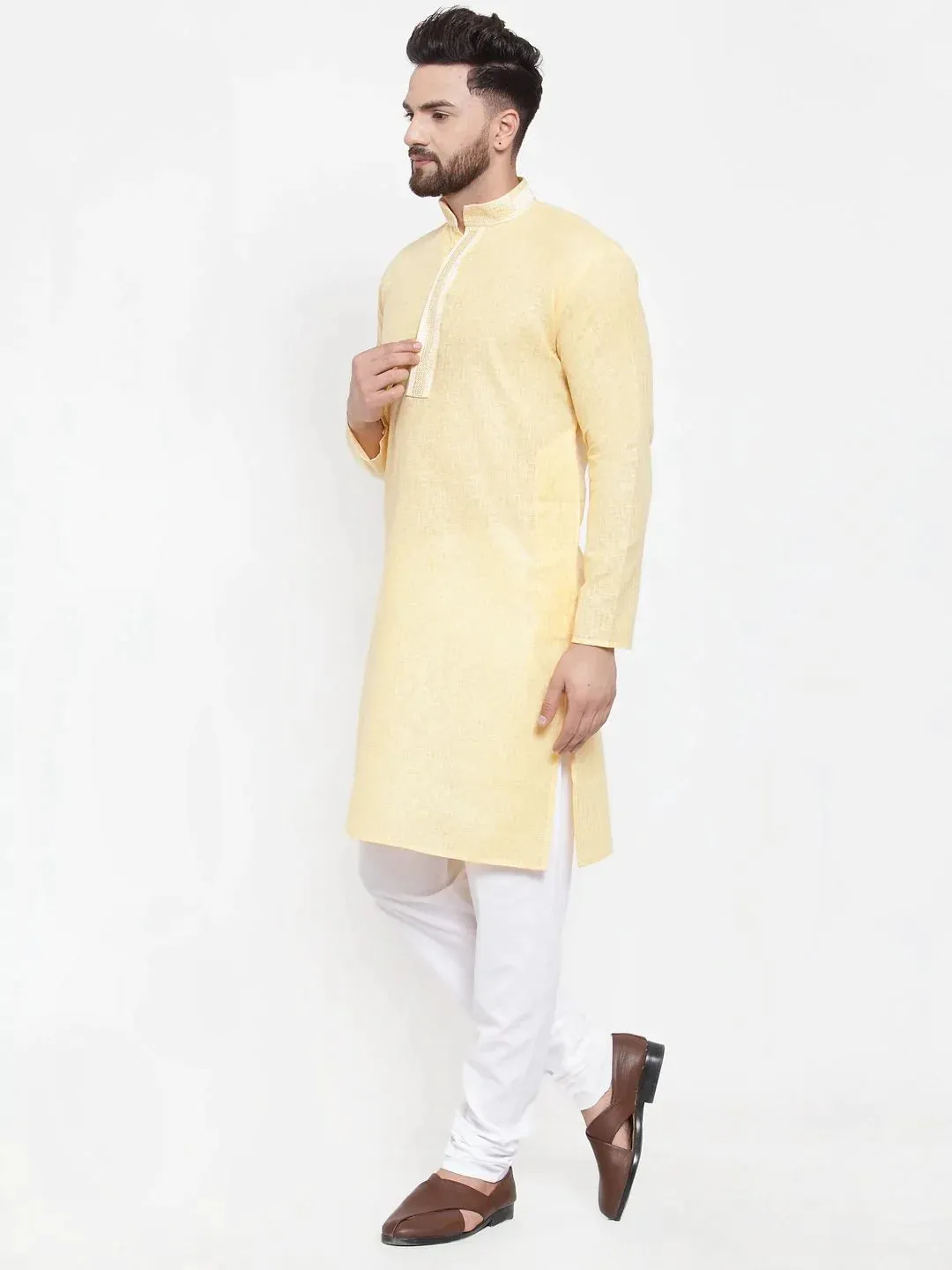 Men Yellow & White Embroidered Kurta Only