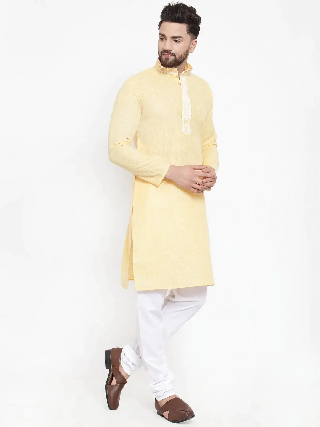 Men Yellow & White Embroidered Kurta Only